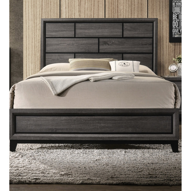 Lit moderne grand, gris rustique, tête de lit transitionnelle, lit de meuble de chambre à coucher en bois avec tête de lit contemporaine et placage de papier