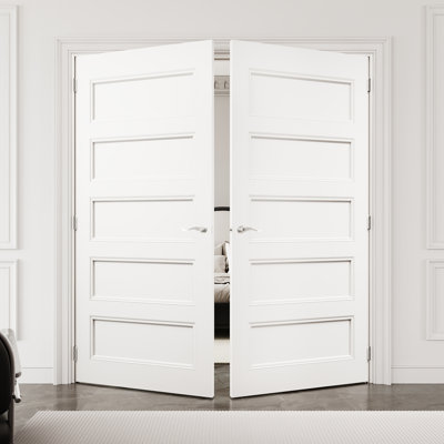 72" x 80" 5-Panel Molded Solid Interior French Door with Silver Hardware & Latch & Door Lever, Solid Core Door Slab, Paintable & Waterproof, Suit for Laundry, Closet Doors, Room Doors, Assembly Required