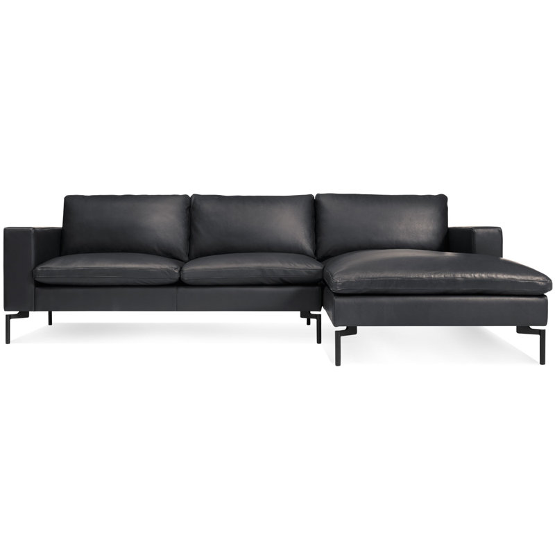 New Standard Chaise Sectional, Left Hand Facing, Granite Leather, Black