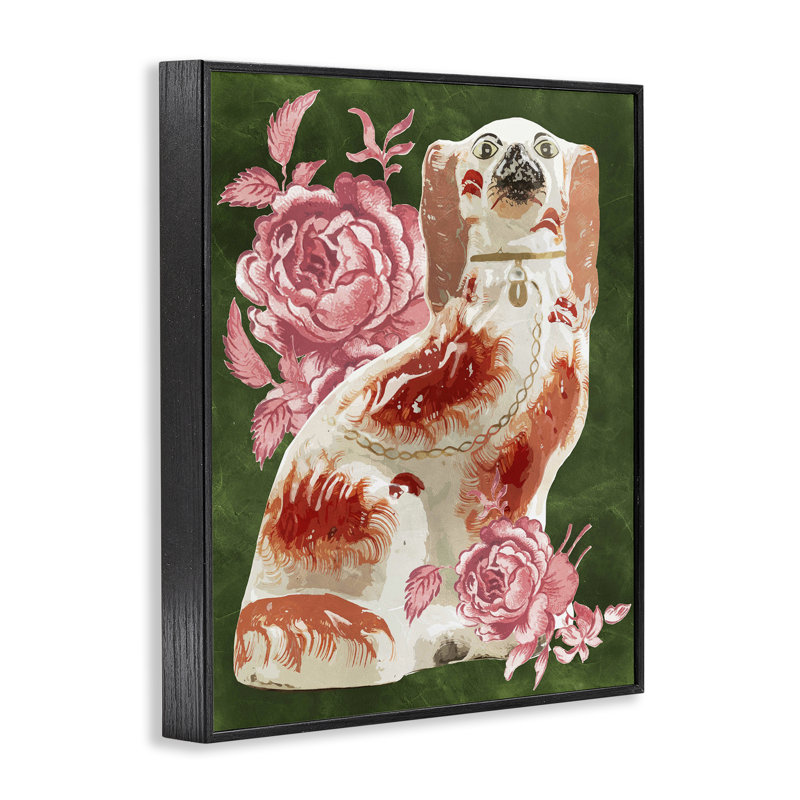 «Classic Antique Dog with Flower», estampe numérique, design par Lil 'Rue, H 20 po x l 16 po, Giclée encadrée noir minuit