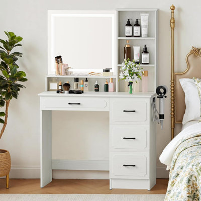 Coiffeuse compacte blanche avec miroir carré et lumières, bureau de maquillage à 4 tiroirs pour la chambre à coucher. (Blanc antique)