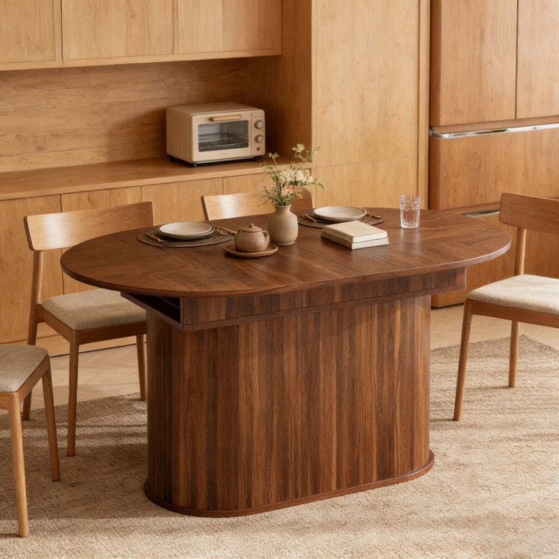 55.11"-70.86" Walnut Extendable Oval Dining Table With Striped Pedestal Base For Kitchen & Living Room, Walnut