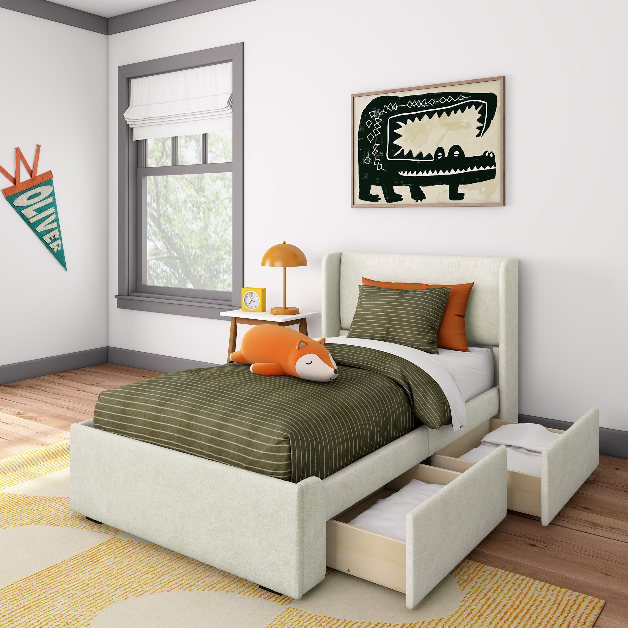 Solid Wood Upholstered Bed with Rectangular Headboard with 2 Drawer Side Storage