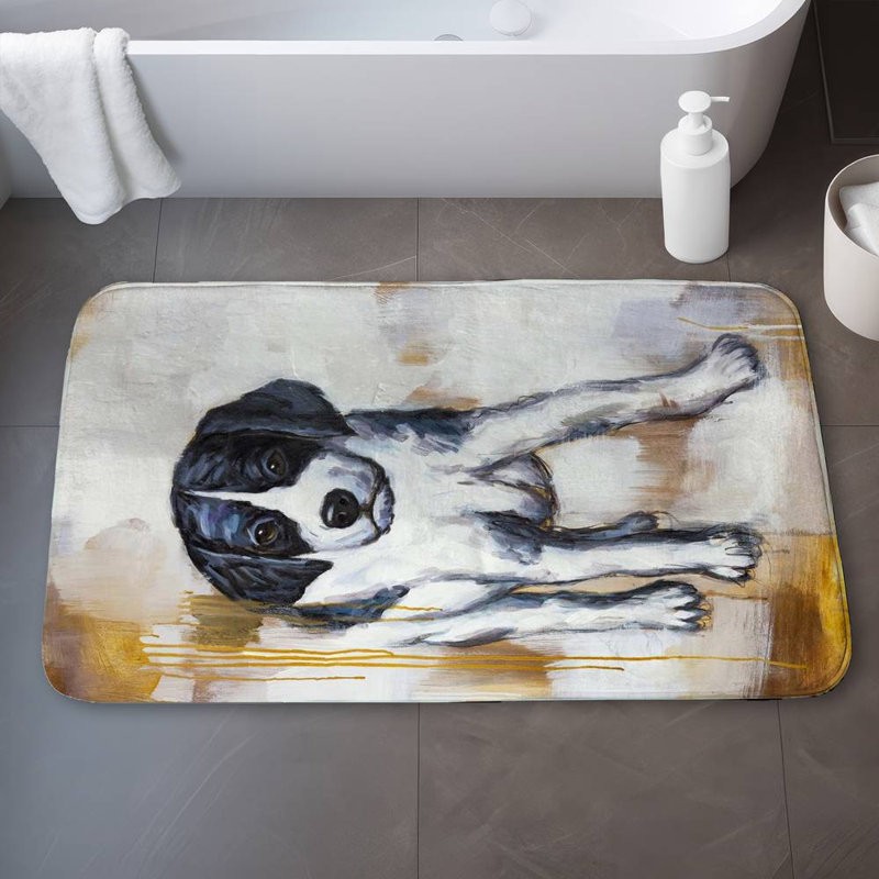 Curious puppy dog Bath Mat with Non-Slip Backing - Quick Dry Memory Foam Bathroom Rug - Absorbent - Modern Plush Spa-Style - Machine Washable