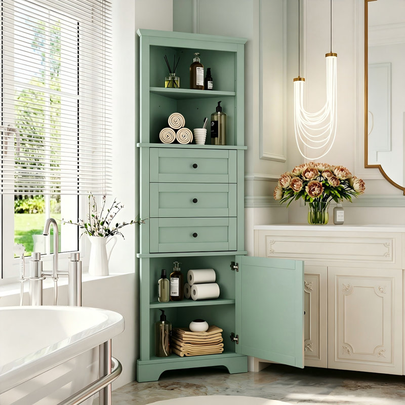 Armoire haute triangulaire avec 3 tiroirs et tablettes réglables, Vert