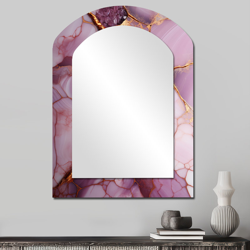 Pink and gold Marble river II - Abstract Asymmetrical Mirror, Gold Arch Decorative Wall Mirror, Printed Metal Art
