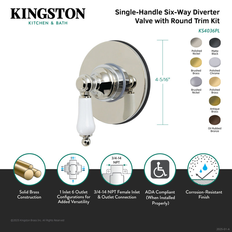 Valve de dérivation murale à une poignée Kingston Restoration, Laiton poli
