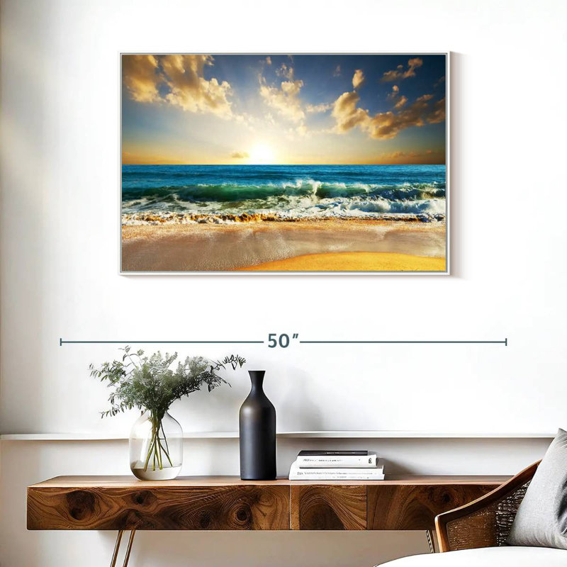 Coucher de soleil sur l'océan, Cadre flottant blanc, 37 po x 25 po