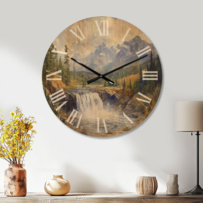 Nature Wooden Wall Clock – Canadian Rockies with Waterfall View
