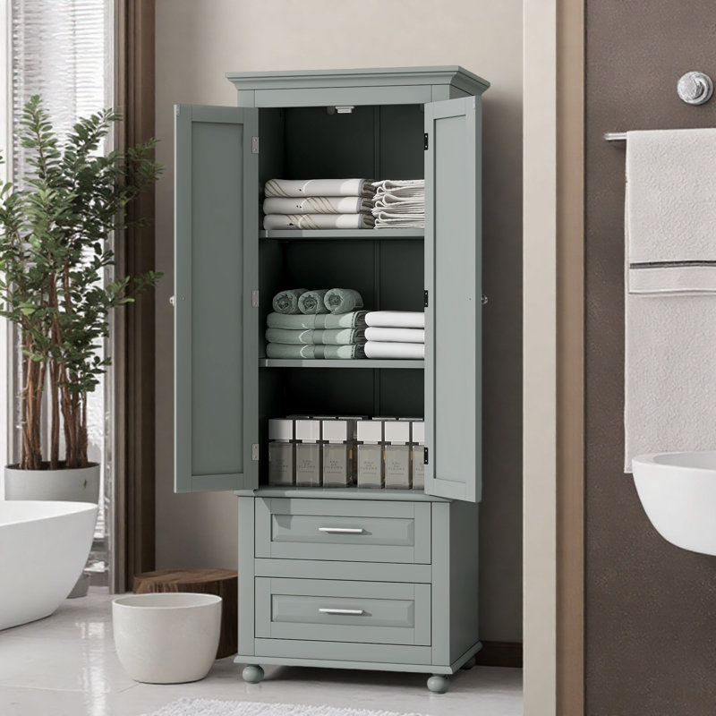 2-Drawer Freestanding Linen Cabinet With Adjustable Shelves, Gray