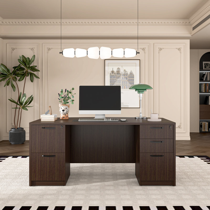 Executive Desk With Two File Cabinets, Brown