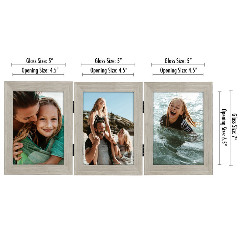 Hinged Frame For Desk Three Pictures - Composite Wood and Shatter-Resistant Glass, 5" x 7", Driftwood
