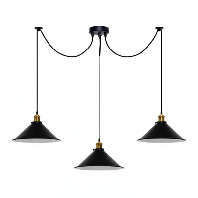 Vintage 3 Way Spider Pendant Light E26 Ceiling Lamp with 195cm Adjustable Cable Metal Conical Shade Chandelier Lighting Fixture for Kitchen Island Dining Room Bedroom Cafe Bar