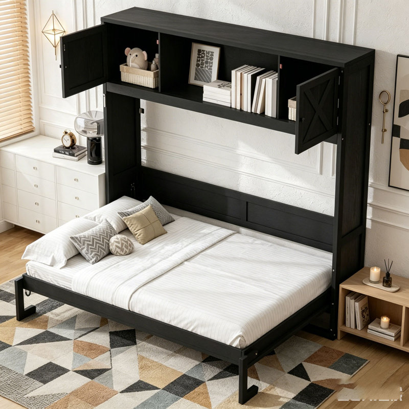 Lit escamotable avec armoires de rangement, Noir, Grand lit