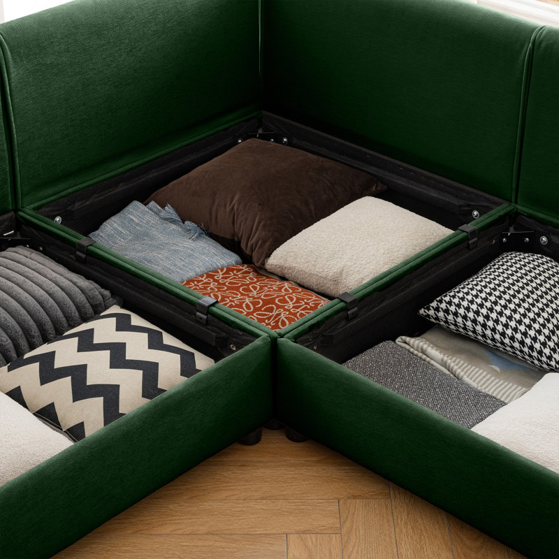 Canapé modulaire avec rangement, dossier cylindrique et accoudoirs Boneless, Chenille bleu