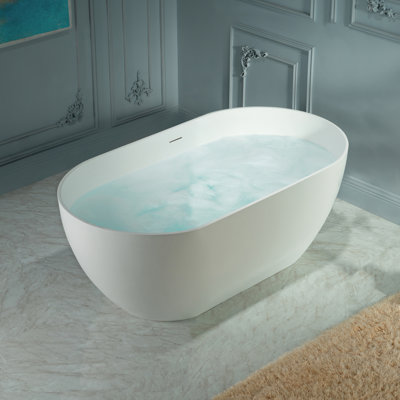 Baignoire îlot en résine de pierre de 140 cm (55 po), baignoire ovale moderne en surface solide avec trop-plein et bonde intégrés, blanc mat