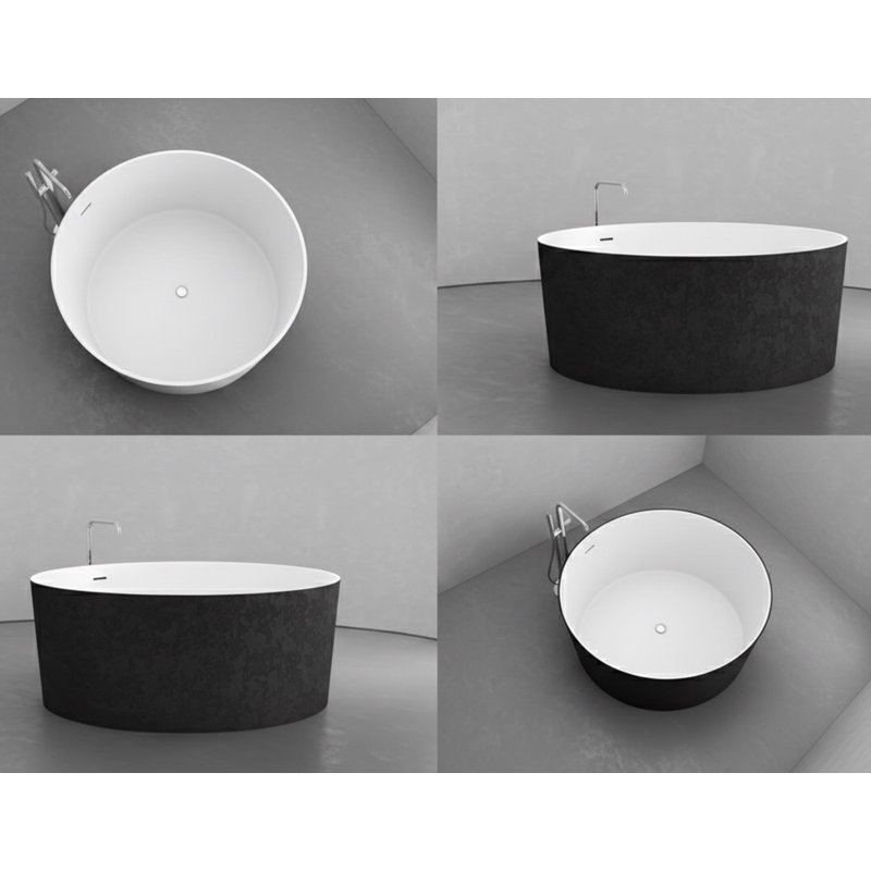 Vast Studio 58.9” Textured Black Concrete Black/White Freestanding Round Bathtub – Deep Soaking Tub with Minimalist Spa-Inspired Modern Design & Seamless Matte Luxury Finish