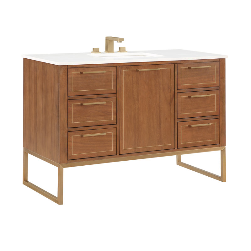 Markham 48'' W Single Vanity, White Quartz, Walnut, Satin Brass