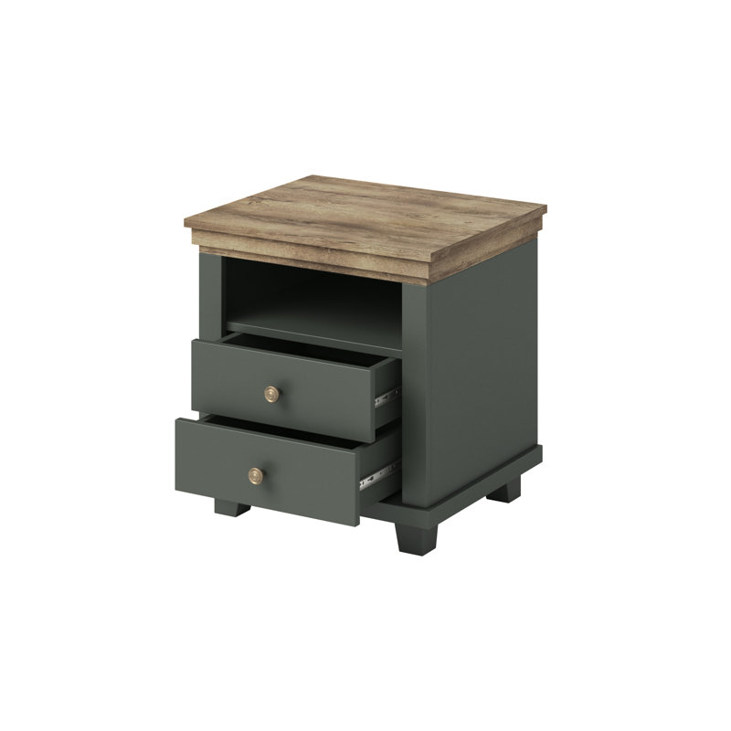 Wickersham 52cm W Manufactured Wood Bedside Table, Green/Lefkas Oak 