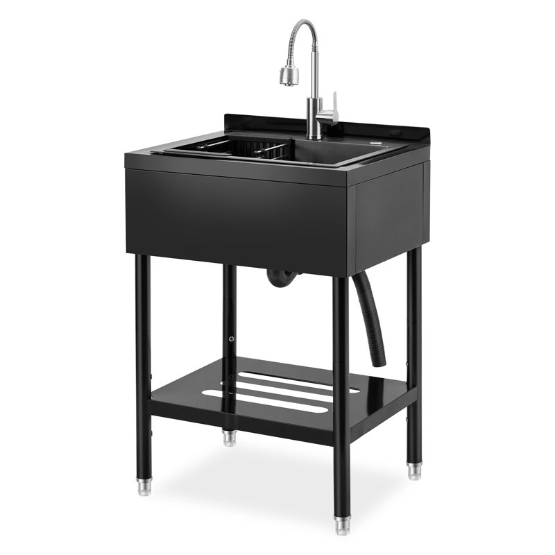 Station de travail 26 po en acier inoxydable - Évier autoportant avec hauteur réglable, robinet, tiroir de rangement, porte-couteaux, crochets et ensemble de bonde - pour la cuisine, la buanderie, le garage ou l'extérieur