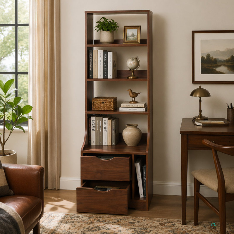Table de chevet avec bibliothèque, table de chevet avec 2 tiroirs de rangement pour la chambre à coucher, Noyer