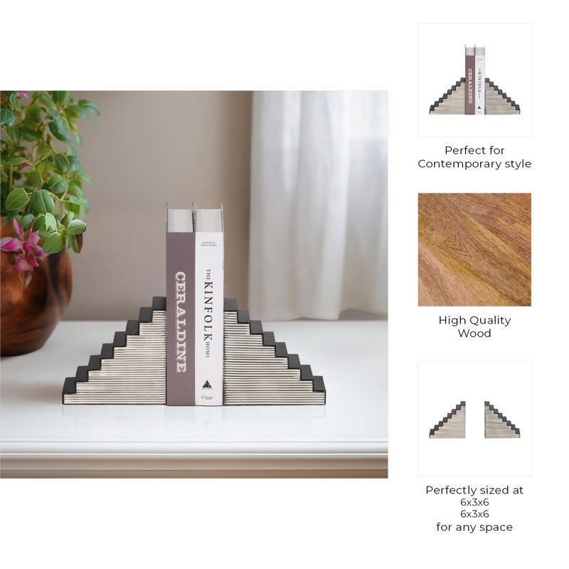 Latitude Run® Striped Steps Bookends, Black/White - A Fusion Of Mdf And Resin Magic