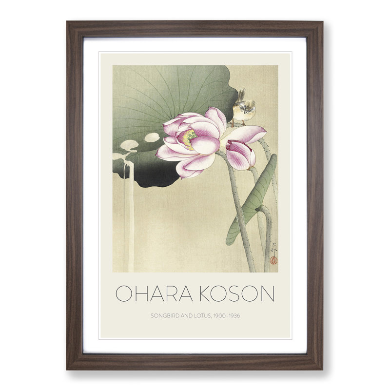 Songbird and Lotus - Picture Frame Painting, 48cm H x 36cm W x 2cm D, Walnut