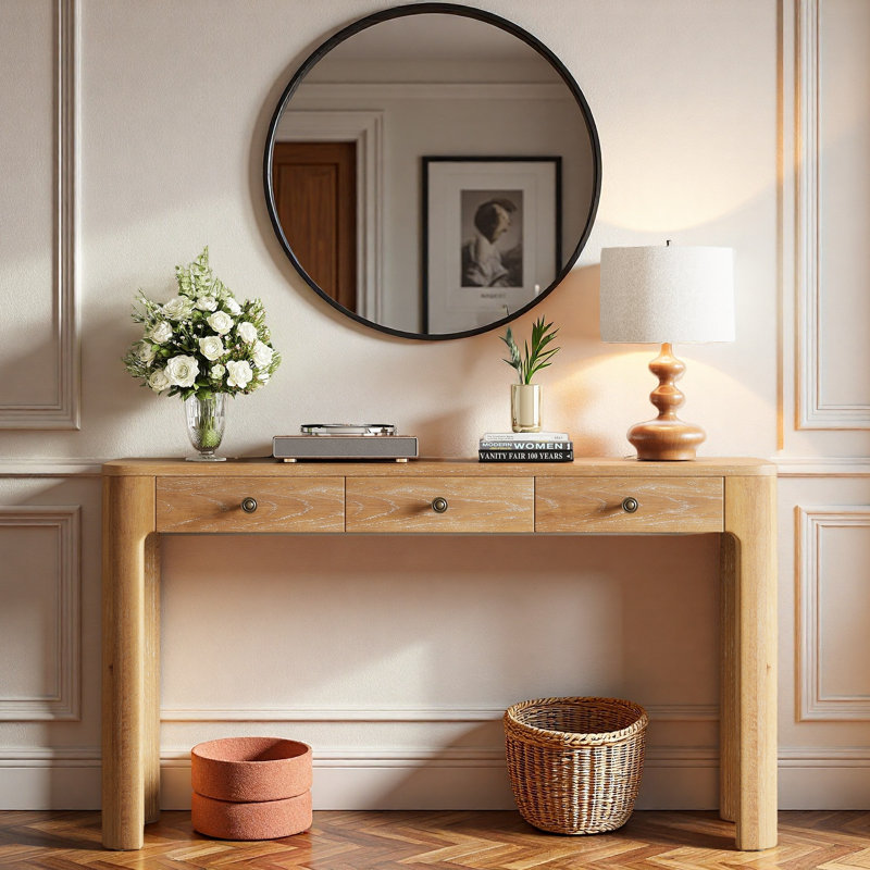 Console avec coins arrondis, 3 tiroirs et pieds épais, Naturel