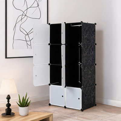 Meuble de chambre blanc et noir, dimensions 27,6 x 17,7 x 56,7 pouces, étagères et structure métallique.