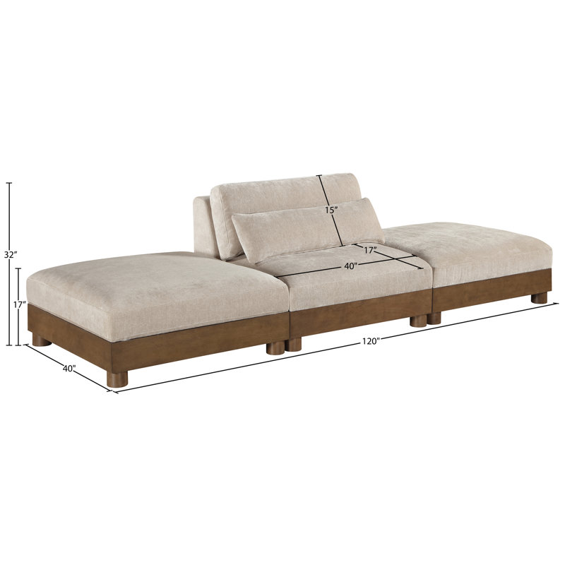 Canapé modulaire 3 pièces en tissu chenille 120 po Turin, Taupe, Brun