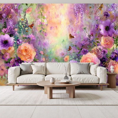 Floral Peel and Stick Wallpaper Whimsical Watercolor Garden Roses Peonies Wall Murals 69"H x 96"W Removable PVC Wall Paper Self-Adhesive Wall Decor for Bedroom Living Room Home Office