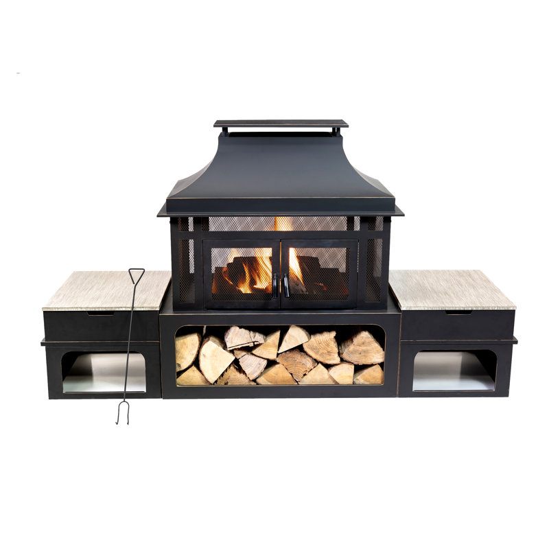 Rimasco 80-Inch Black Wood Burning Fire Pit with Storage