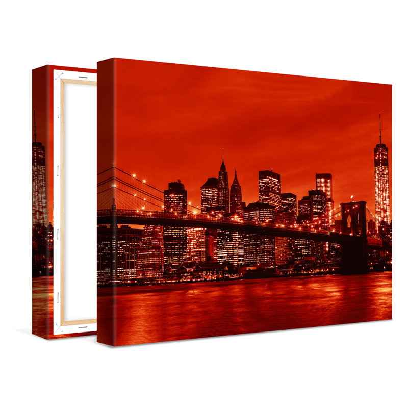 New York Manhattan Brooklyn Bridge Red - No Frame Print on Canvas, 30cm H x 40cm W x 2cm D