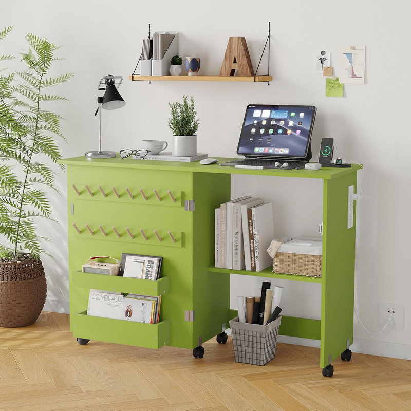 Table pliable de couture et d'artisanat avec station de charge - roues verrouillables, plateaux de rangement, bureau peu encombrant