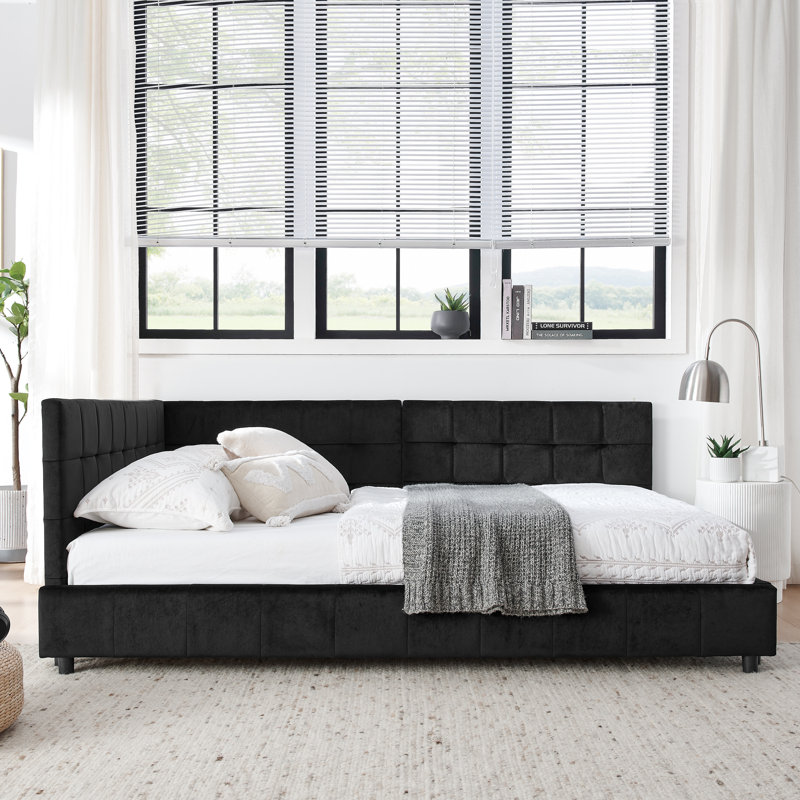 Lit d'angle avec grille, lit de jour moderne peu encombrant, Bleu, Grand lit
