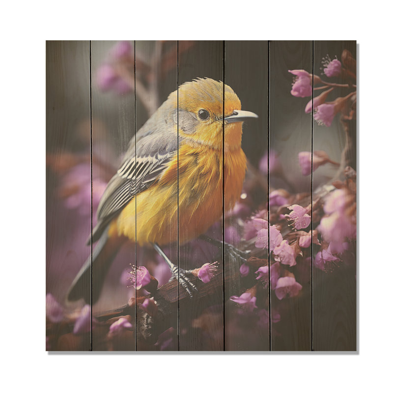 Oiseau rose en charme d'hiver II - impression d'oiseau sur bois, H 15 po x l 15 po