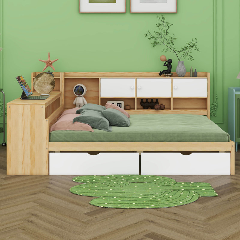 Lit de jour avec tiroirs de rangement et bibliothèque, lit d'angle avec bureau et tablettes, lit en forme de L multifonctionnel avec tête de lit convertible