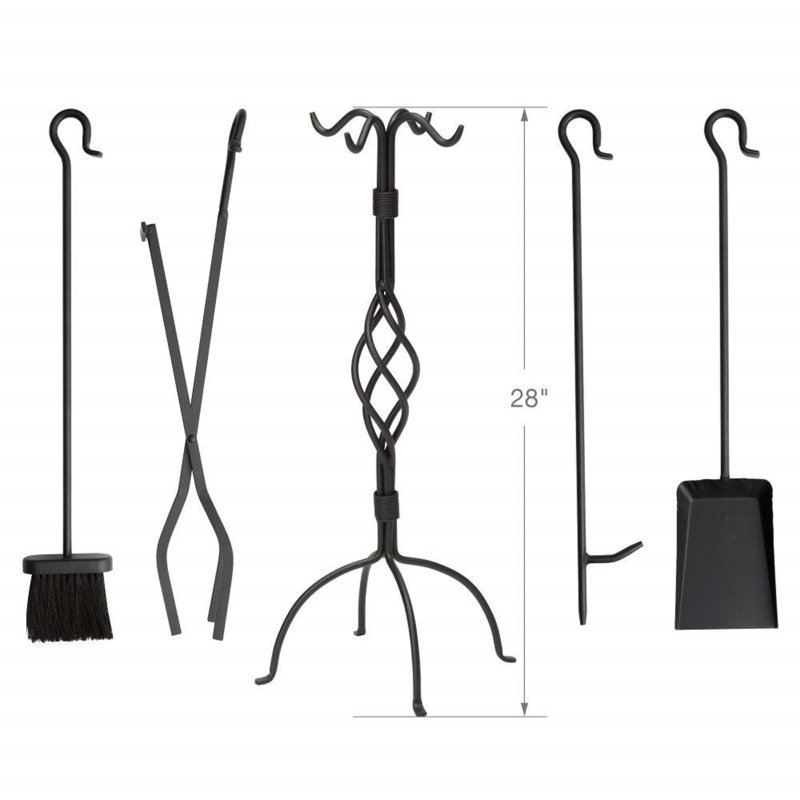 Black Wrought Iron 5-Piece Fireplace Tool Set with Center Weave