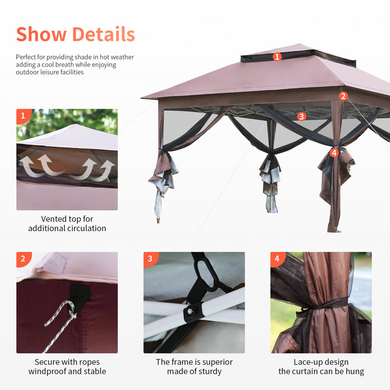 Brown 10'x10' Steel Frame Pop-Up Gazebo with Mosquito Netting