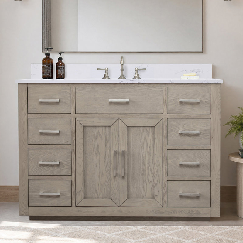 Meuble-lavabo simple autoportant de 48 po avec plateau en pierre d'ingénierie Ingalls, Chêne gris antique, Soft Carrara White