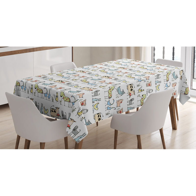 Ambesonne Retro Tablecloth, Cartoon Village Of Domestic Animals Goat Goose Sheep Funny Patterns Kids Nursery, Rectangular Table Cover For Dining Room Kitchen Decor, 60" X 84", Yellow Beige