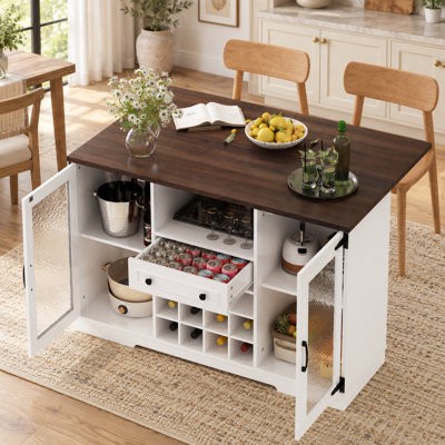 Meuble-bar à vin de style ferme de 47 pouces avec table à abattants, casier à 12 bouteilles, éclairage DEL RVB et portes en verre à effet ondulé.