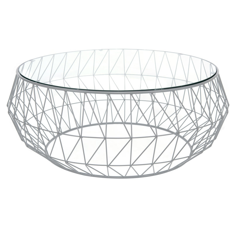 Deauville 39"  Round Glass Top Lightweight Coffee Table with Geometric Metal Base, Gray