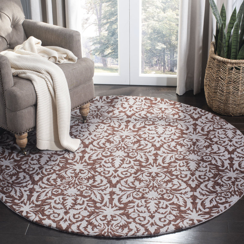 Tapis oriental brun / beige en laine crocheté à la main, Rond 5 pi 6 po
