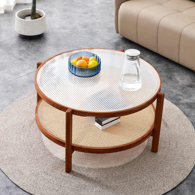 Table basse moderne, structure en bois massif avec accents en verre artisanal et table double couche Pe, construction solide