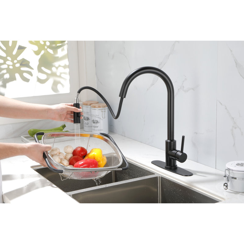 Matt Black Stainless Steel Kitchen Faucet With Pull Down - 360 Rotatable Nozzle, Rust Coating, Single Handle For Convenient Water Flow And Temperature Management Construction, Rotating Corrosion