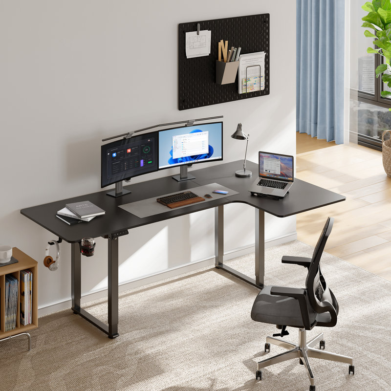Lemarion Adjustable L-Shaped Metal Base Standing Desk with Power Outlet, Black, 46" H x 63" W x 43" D
