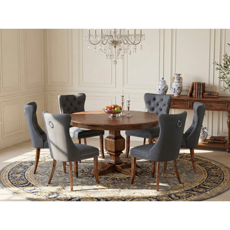 7-piece Kitchen Table Set Included a Dining Table and 6 Platinum Gray Polyester fabric Modern Dining Chairs with Button Tufted Back - Antique Walnut Finish