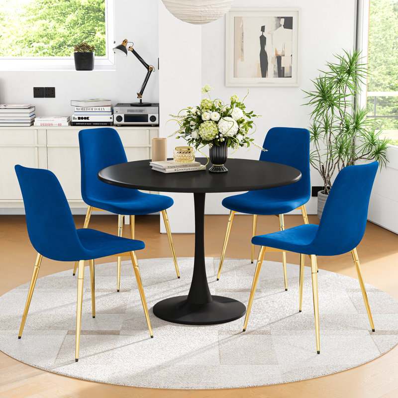 5-Piece Round Metal Pedestal Dining Table With 4 Velvet Dining Chairs, Blue/Gold, Black