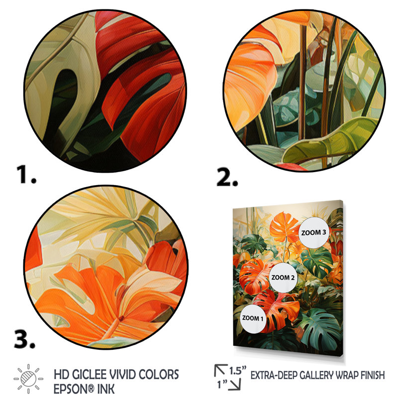 Feuillage tropical orange et vert I, Toile tendue, H 44 po x l 34 po x P 1,5 po